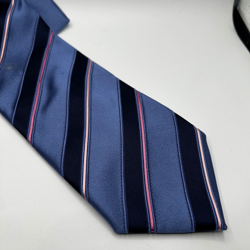 Ermenegildo Zegna Mens Silk Cotton Striped Tie Blue Navy Pink Made in Italy
